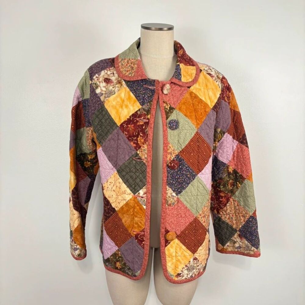 VTG Quilted Patchwork Jacket Cotton Fall Autumn Floral Print Button M/L